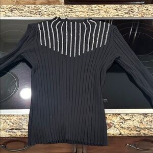 INC International Concepts Black Long Sleeve Top with Silver Stripes